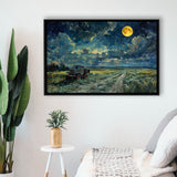 Old Tractor in Field Moonlight Painting Art, Floating Frame, Framed Canvas Print Wall Art Home Decor