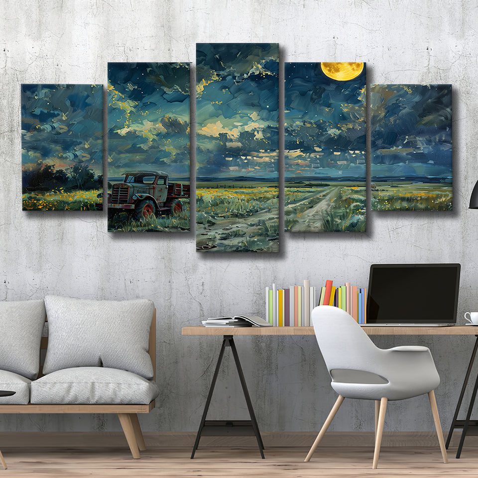 Old Tractor in Field Moonlight Painting Art, Multi Panel,Mixed Canvas Print Wall Art Decor