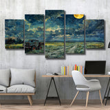 Old Tractor in Field Moonlight Painting Art, Multi Panel,Mixed Canvas Print Wall Art Decor