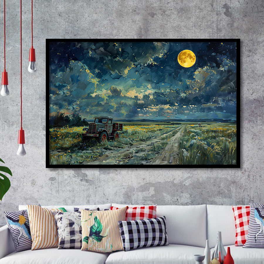Old Tractor in Field Moonlight Painting Art, Painting Art, Framed Art Print Wall Art Home Decor