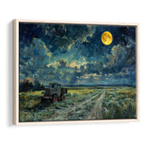 Old Tractor in Field Moonlight Painting Art, Floating Frame, Framed Canvas Print Wall Art Home Decor