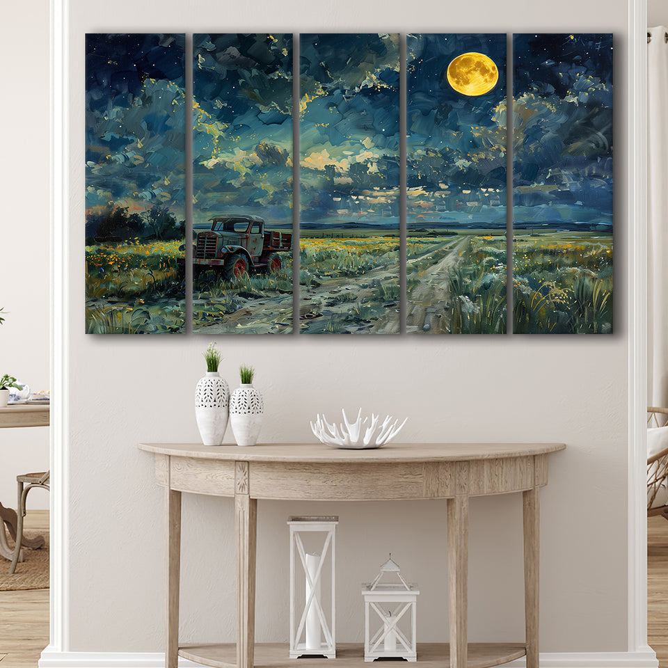 Old Tractor in Field Moonlight Painting Art, Extra Large Canvas, Canvas Print Wall Art Decor