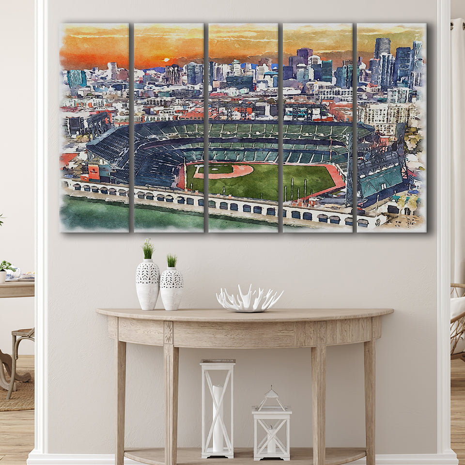 Oracle Park WaterColor 5 Panels B Mixed Canvas Prints, Extra Large, San Francisco California Baseball Watercolor