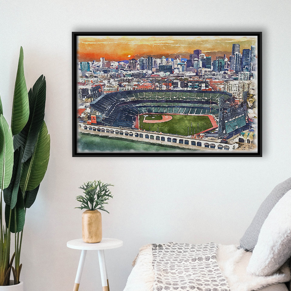 Oracle Park WaterColor Framed Canvas Prints, San Francisco California Baseball Watercolor, Stadium Art Gifts, Floating Frame