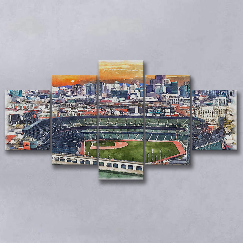 Oracle Park WaterColor 5 Panels Mix Canvas Prints, San Francisco California Baseball Watercolor, Large Stadium Canvas