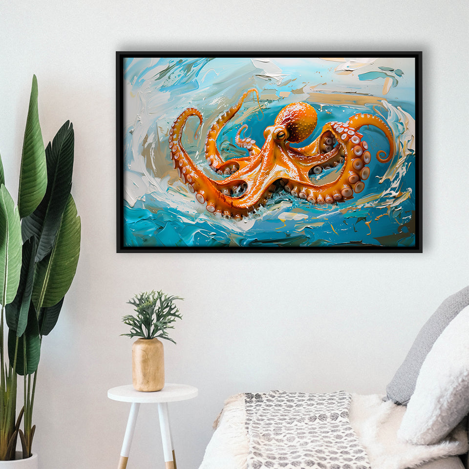 Orange Octopus Wave Painting, Framed Canvas Print Wall Art Decor, Floating Frame Painting Canvas