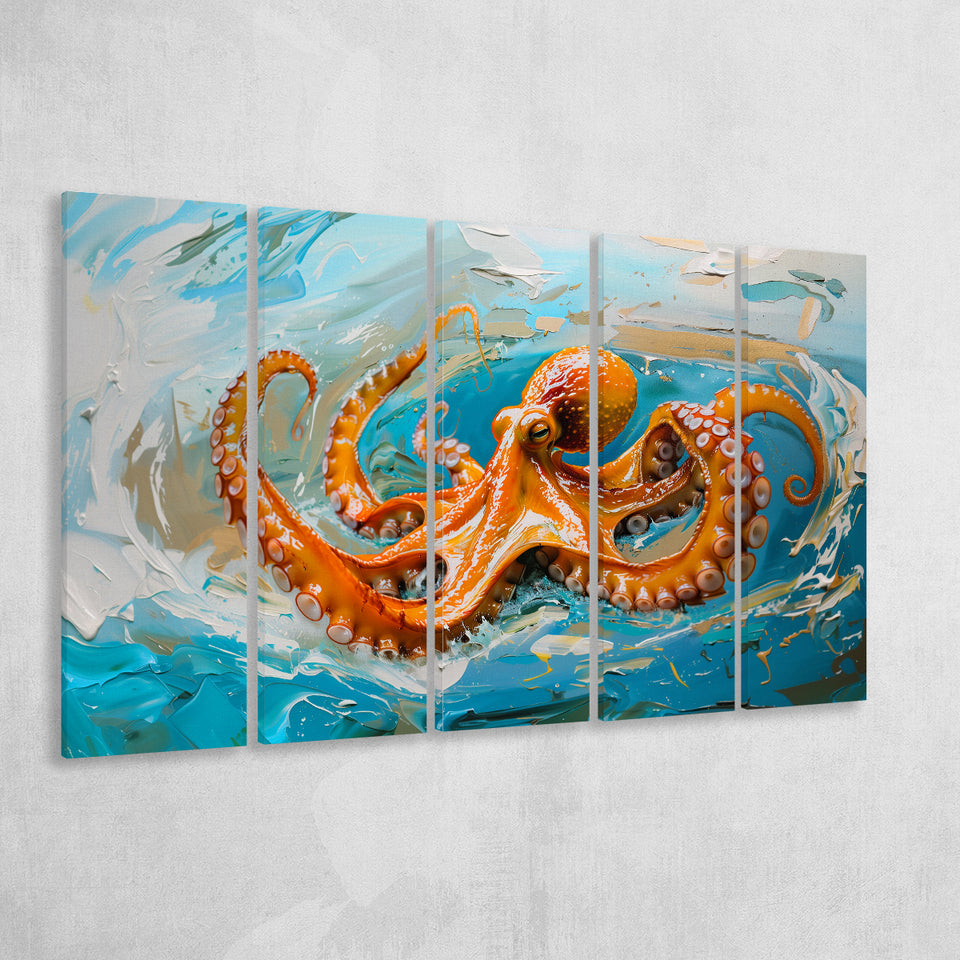 Orange Octopus Wave Painting, Mixed 5 Panel B Canvas Print Wall Art Decor, Extra Large Painting Canvas