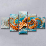 Orange Octopus Wave Painting, Mixed 5 Panel Canvas Print Wall Art Home Decor, Large Canvas Painting