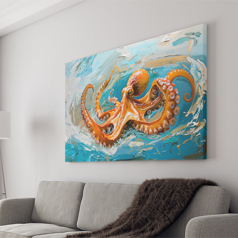 Orange Octopus Wave Painting, Canvas Print Wall Art Home Decor, Painting Canvas Art Print