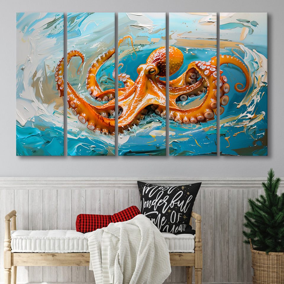 Orange Octopus Wave Painting, Mixed 5 Panel B Canvas Print Wall Art Decor, Extra Large Painting Canvas