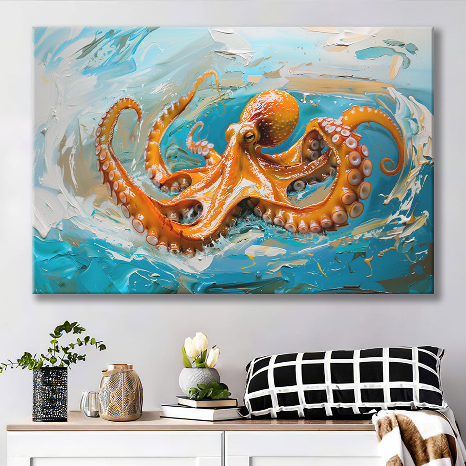 Orange Octopus Wave Painting, Canvas Print Wall Art Home Decor, Painting Canvas Art Print