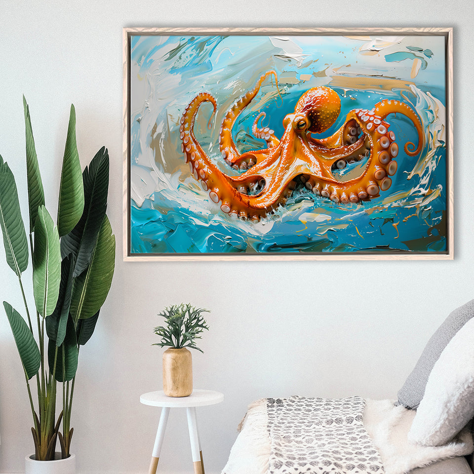 Orange Octopus Wave Painting, Framed Canvas Print Wall Art Decor, Floating Frame Painting Canvas