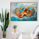 Orange Octopus Wave Painting, Framed Canvas Print Wall Art Decor, Floating Frame Painting Canvas