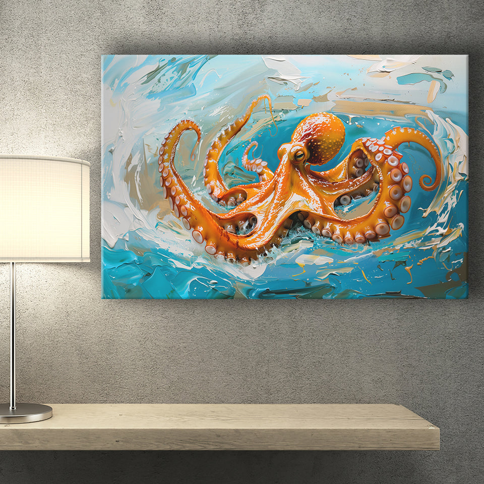 Orange Octopus Wave Painting, Canvas Print Wall Art Home Decor, Painting Canvas Art Print