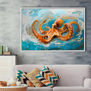 Orange Octopus Wave Painting, Framed Canvas Print Wall Art Decor, Floating Frame Painting Canvas