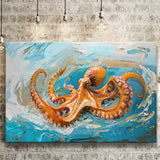 Orange Octopus Wave Painting, Canvas Print Wall Art Home Decor, Painting Canvas Art Print