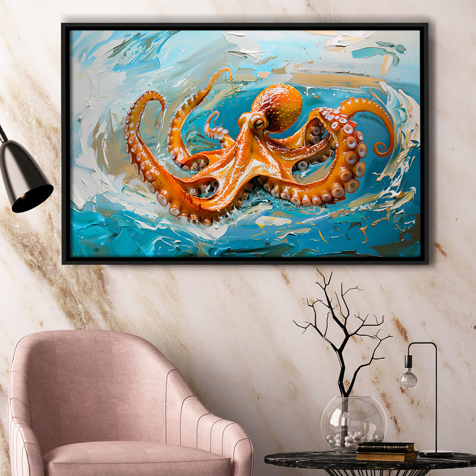 Orange Octopus Wave Painting, Framed Canvas Print Wall Art Decor, Floating Frame Painting Canvas