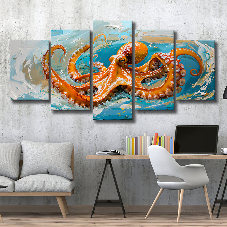 Orange Octopus Wave Painting, Mixed 5 Panel Canvas Print Wall Art Home Decor, Large Canvas Painting