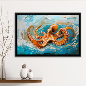 Orange Octopus Wave Painting, Framed Canvas Print Wall Art Decor, Floating Frame Painting Canvas