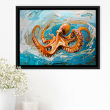 Orange Octopus Wave Painting, Framed Canvas Print Wall Art Decor, Floating Frame Painting Canvas