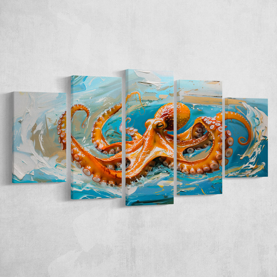 Orange Octopus Wave Painting, Mixed 5 Panel Canvas Print Wall Art Home Decor, Large Canvas Painting
