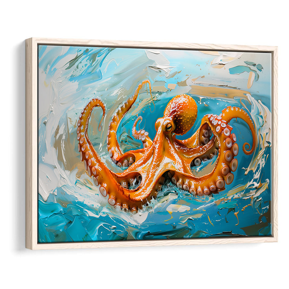 Orange Octopus Wave Painting, Framed Canvas Print Wall Art Decor, Floating Frame Painting Canvas