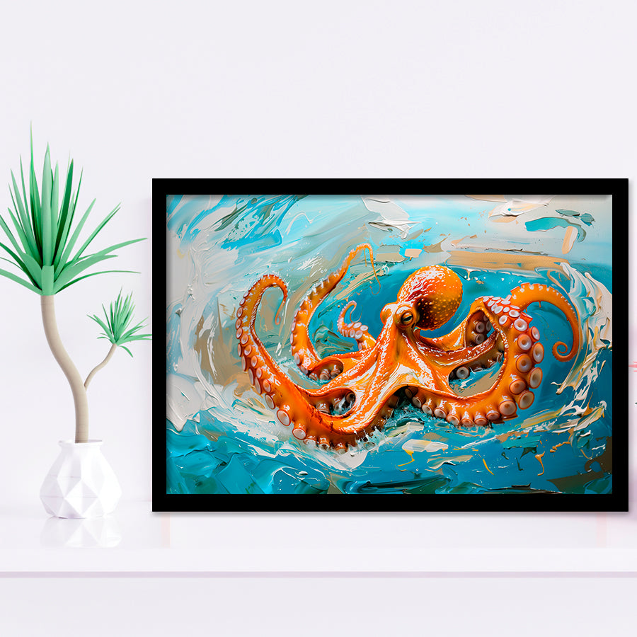 Orange Octopus Wave Painting, Framed Art Print Wall Decor, Picture Framed Painting Art
