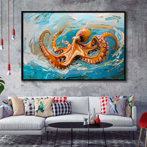 Orange Octopus Wave Painting, Framed Canvas Print Wall Art Decor, Floating Frame Painting Canvas