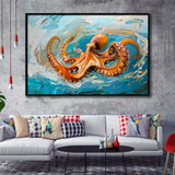 Orange Octopus Wave Painting, Framed Canvas Print Wall Art Decor, Floating Frame Painting Canvas