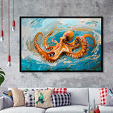 Orange Octopus Wave Painting, Framed Art Print Wall Decor, Picture Framed Painting Art