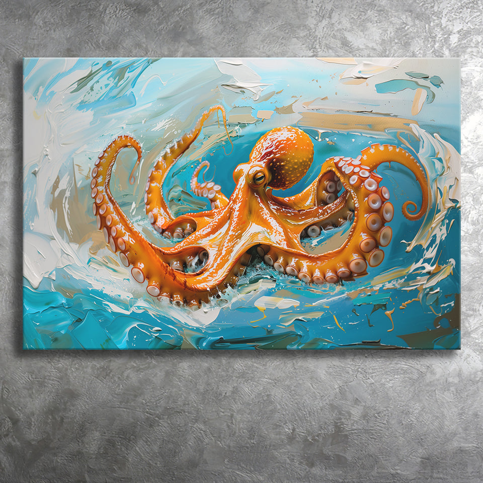 Orange Octopus Wave Painting, Canvas Print Wall Art Home Decor, Painting Canvas Art Print