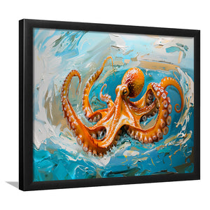 Orange Octopus Wave Painting, Framed Art Print Wall Decor, Picture Framed Painting Art