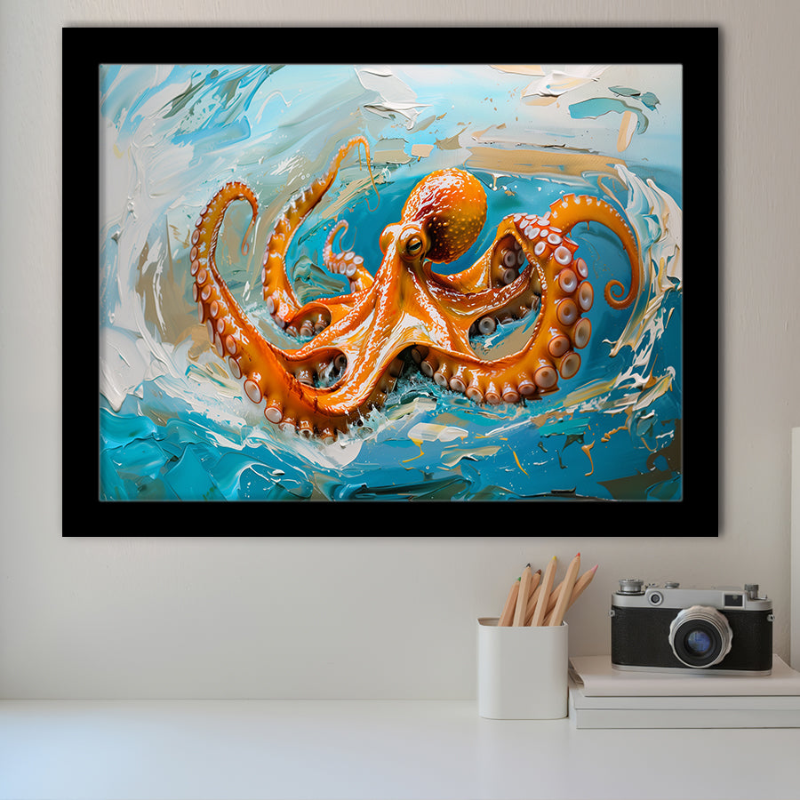 Orange Octopus Wave Painting, Framed Art Print Wall Decor, Picture Framed Painting Art