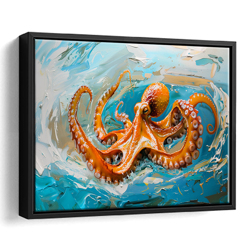 Orange Octopus Wave Painting, Framed Canvas Print Wall Art Decor, Floating Frame Painting Canvas