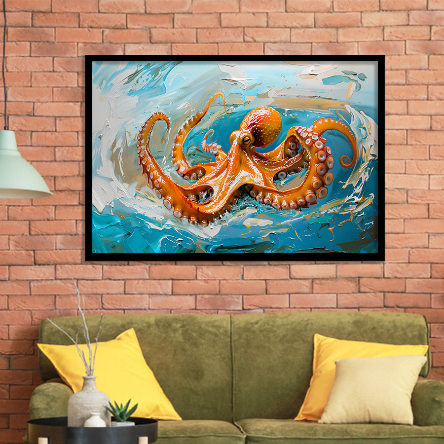 Orange Octopus Wave Painting, Framed Art Print Wall Decor, Picture Framed Painting Art