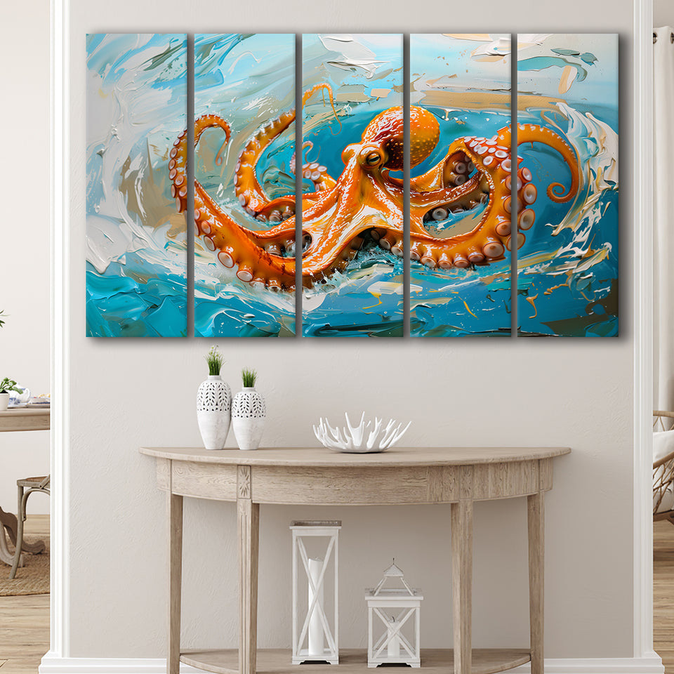 Orange Octopus Wave Painting, Mixed 5 Panel B Canvas Print Wall Art Decor, Extra Large Painting Canvas