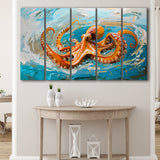 Orange Octopus Wave Painting, Mixed 5 Panel B Canvas Print Wall Art Decor, Extra Large Painting Canvas