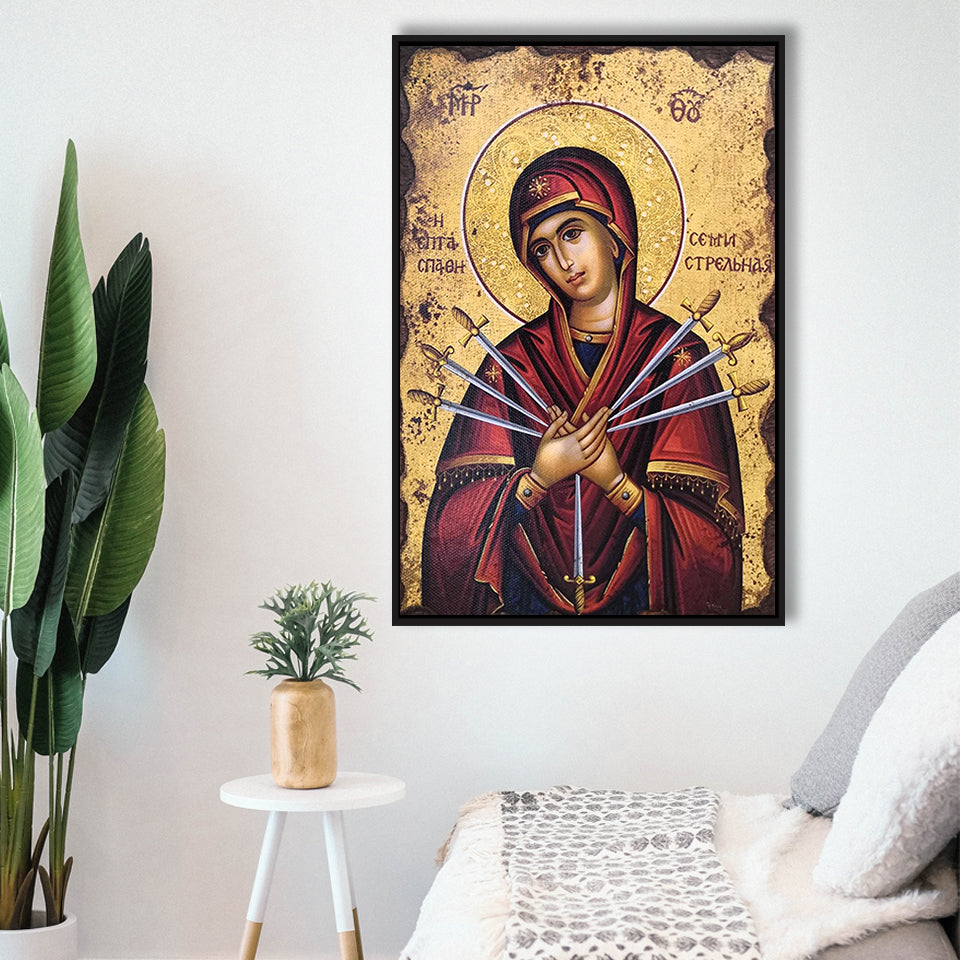 Orthodox Icon Mary, Virgin Mary Icon, Our Lady Of Sorrows,Framed Canvas Prints Wall Art Decor, Floating Frame