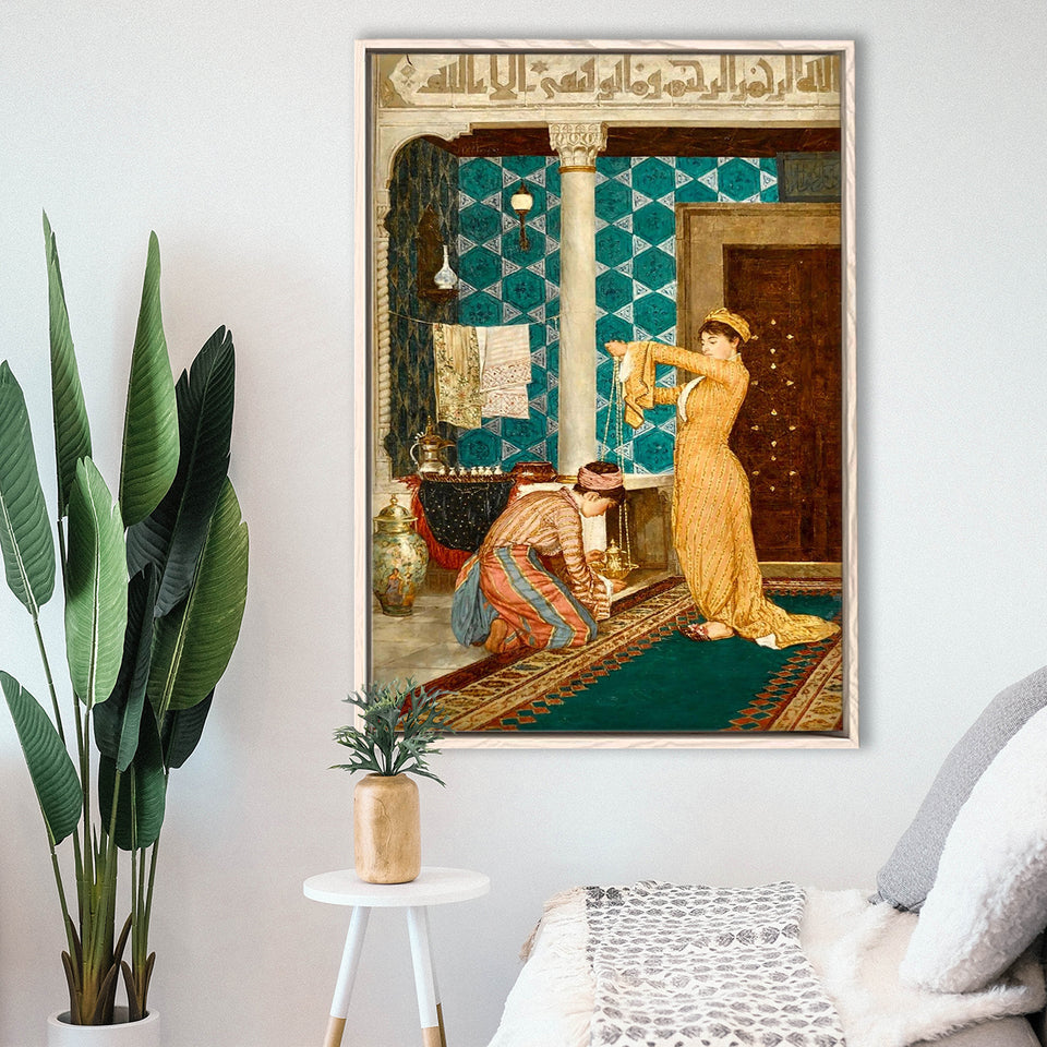 Osman Hamdi Bey Art Print, Coffee Serving Girl Canvas,Framed Canvas Prints Wall Art Decor, Floating Frame