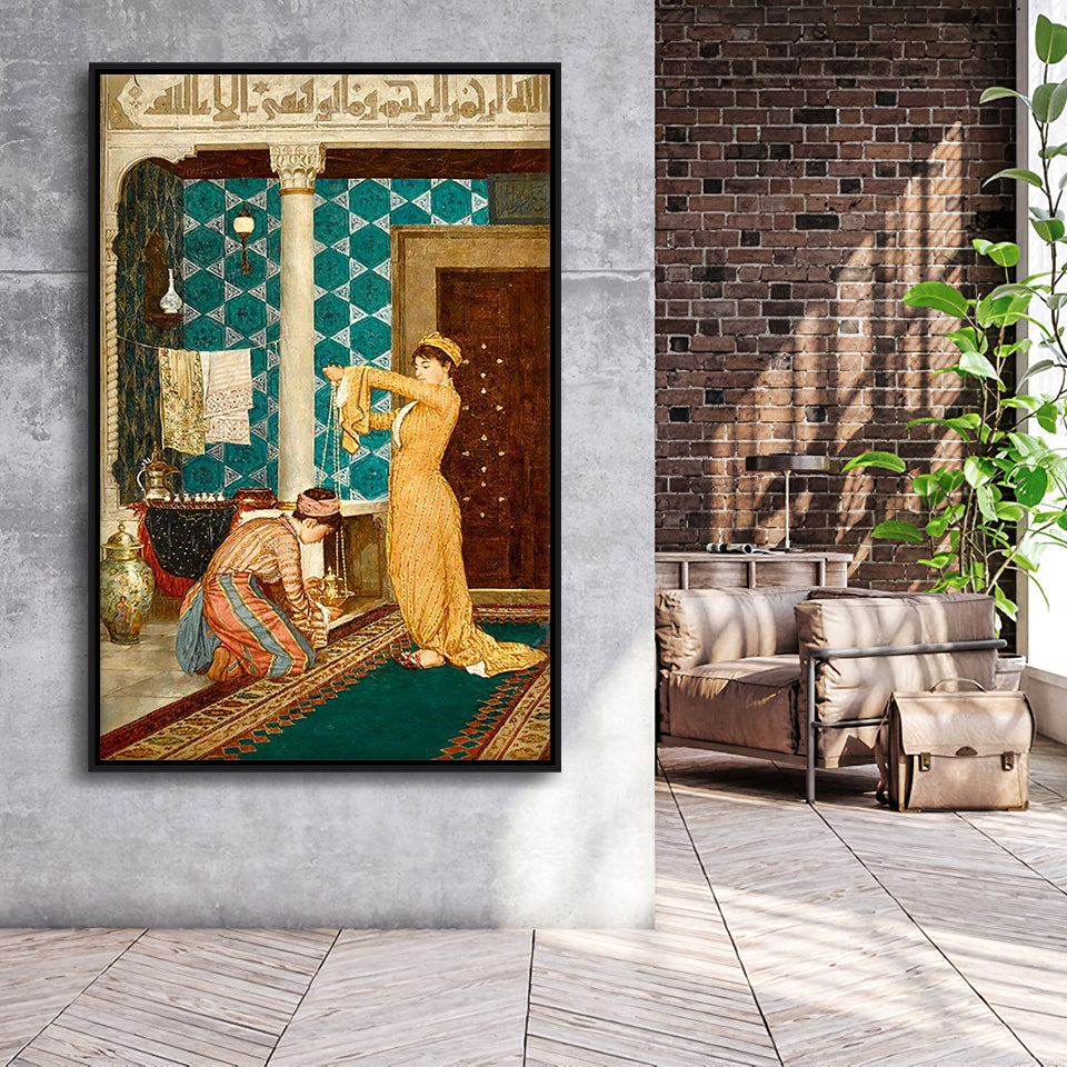 Osman Hamdi Bey Art Print, Coffee Serving Girl Canvas,Framed Canvas Prints Wall Art Decor, Floating Frame