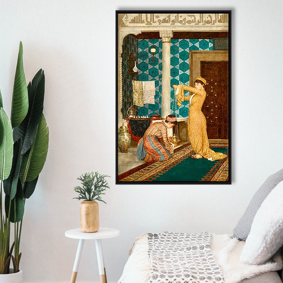 Osman Hamdi Bey Art Print, Coffee Serving Girl Canvas,Framed Canvas Prints Wall Art Decor, Floating Frame