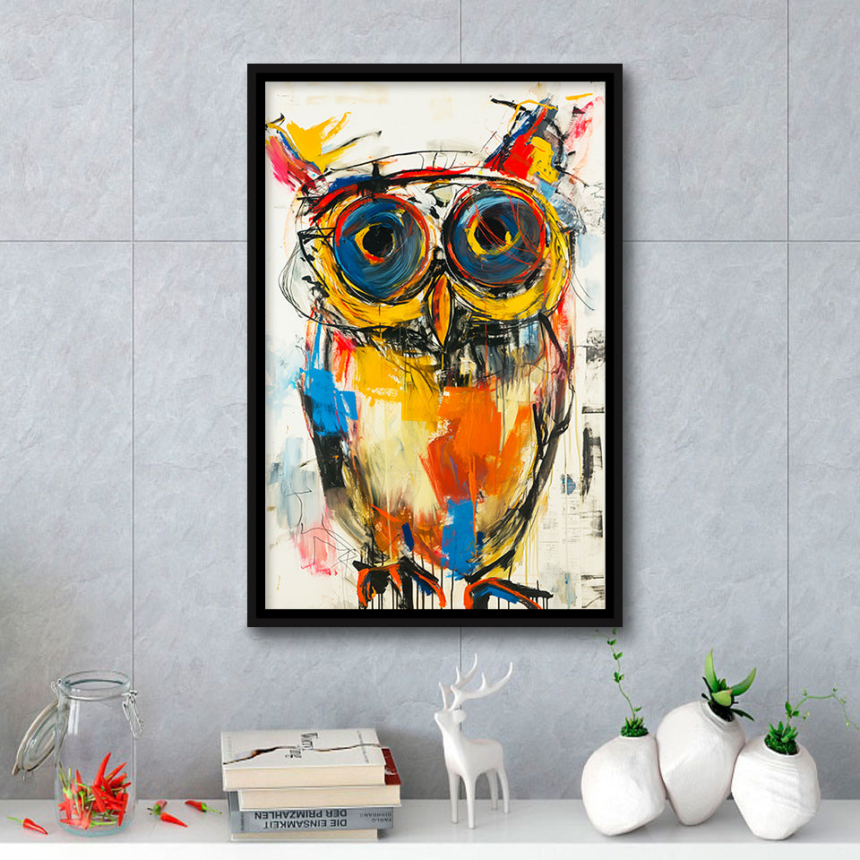 Owl Painting  Wearing Sungglasses, Framed Canvas Prints Wall Art Decor, Floarting Frame Painting Canvas Art