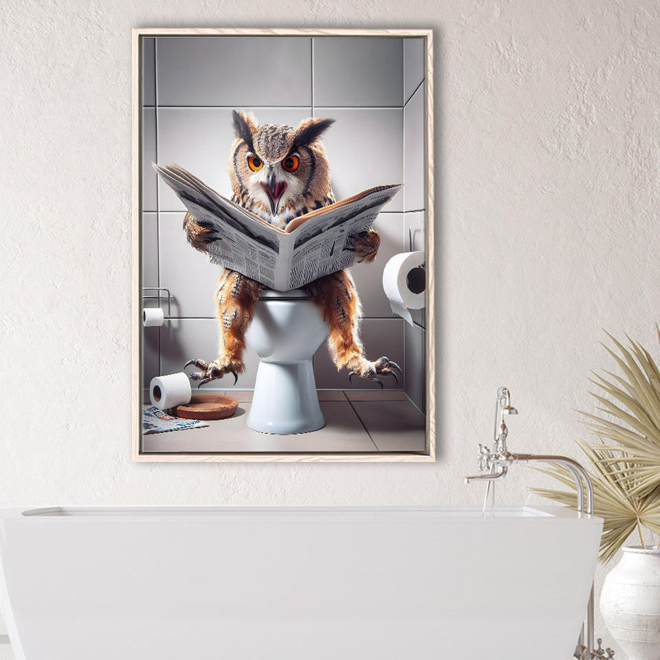 Owl Print Framed Canvas Prints Wall Art, Bathroom Framed Art, Funny Bathroom Decor