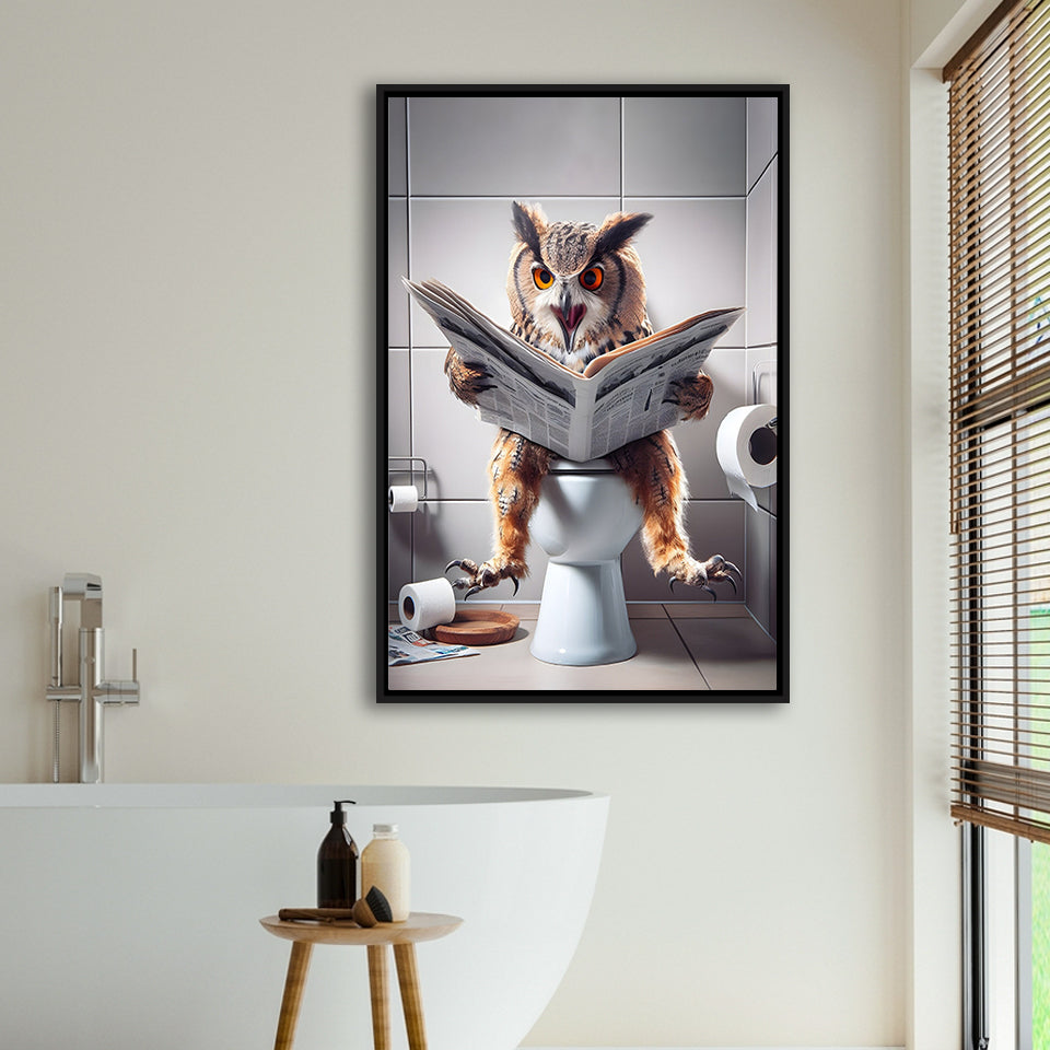 Owl Print Framed Canvas Prints Wall Art, Bathroom Framed Art, Funny Bathroom Decor