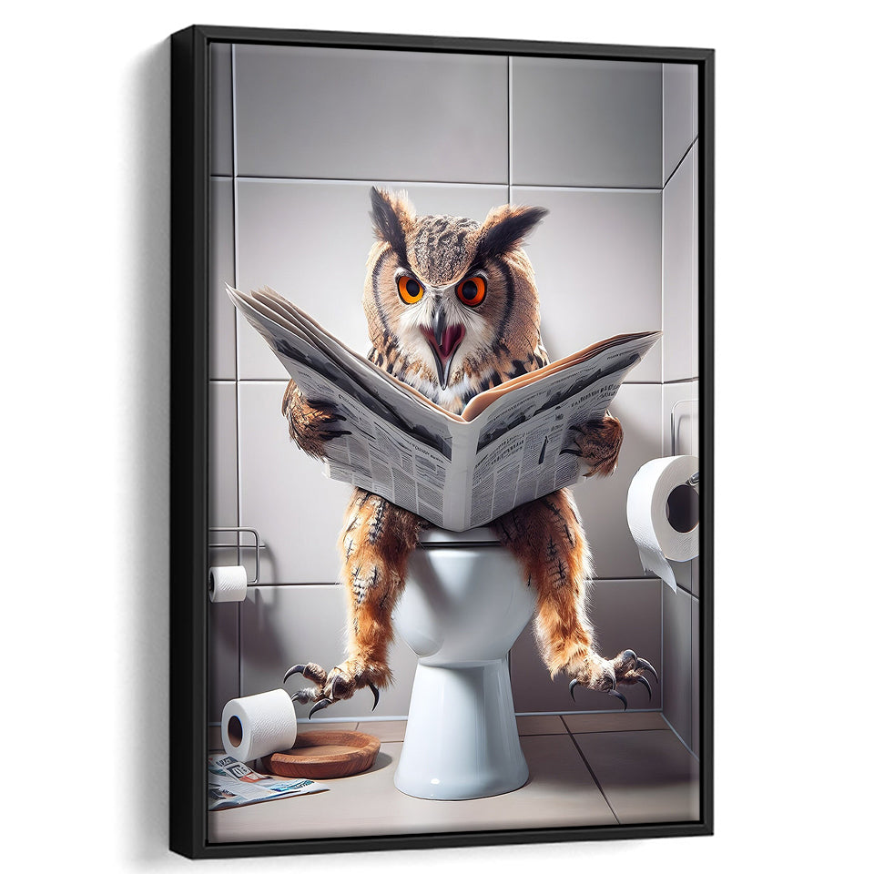 Owl Print Framed Canvas Prints Wall Art, Bathroom Framed Art, Funny Bathroom Decor