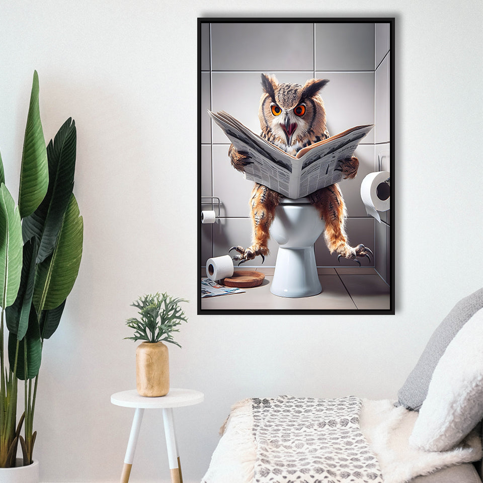 Owl Print Framed Canvas Prints Wall Art, Bathroom Framed Art, Funny Bathroom Decor