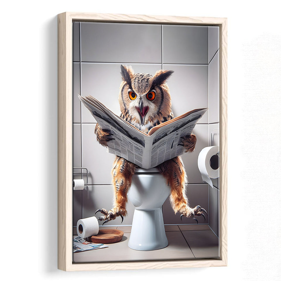 Owl Print Framed Canvas Prints Wall Art, Bathroom Framed Art, Funny Bathroom Decor