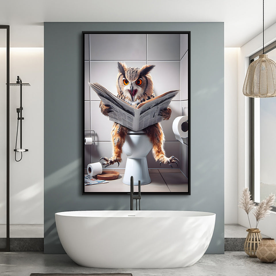 Owl Print Framed Canvas Prints Wall Art, Bathroom Framed Art, Funny Bathroom Decor