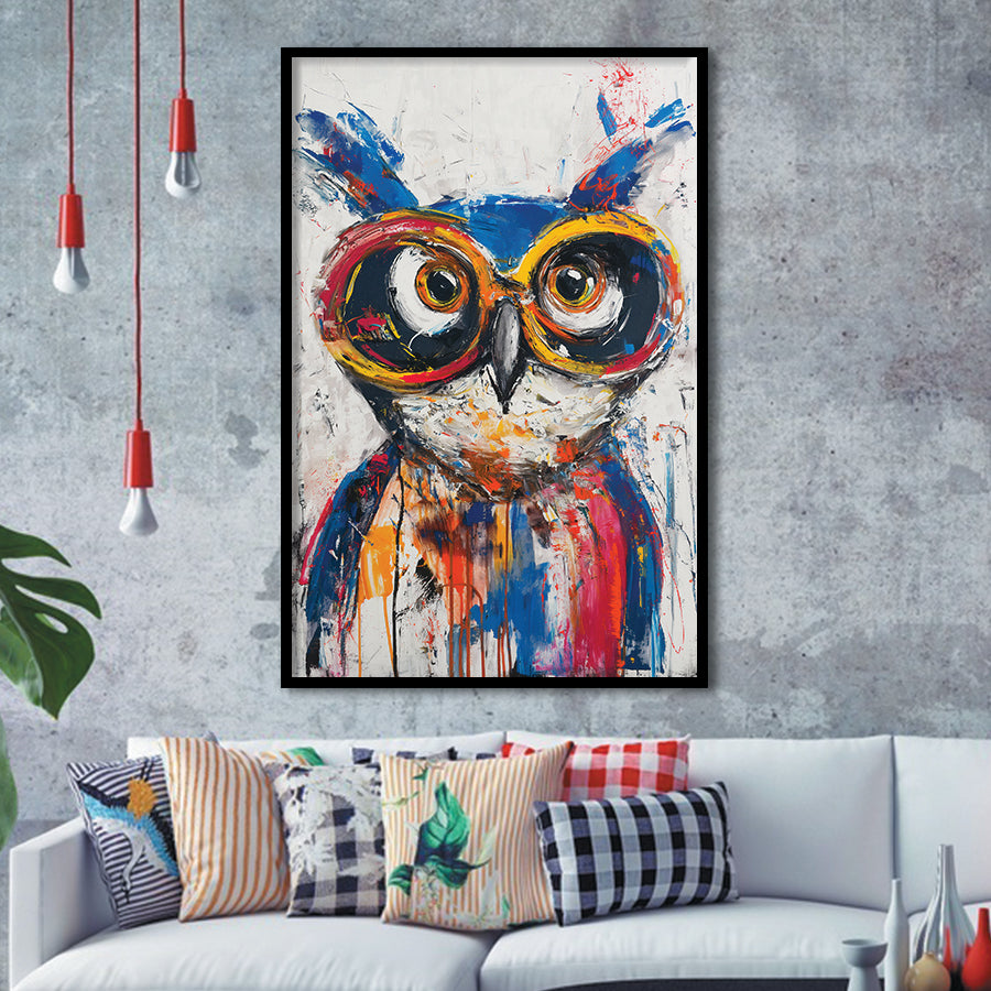 Owl Wearing Sungglasses Painting, Kids Art, Framed Art Prints Wall Decor, Picture Framed Painting