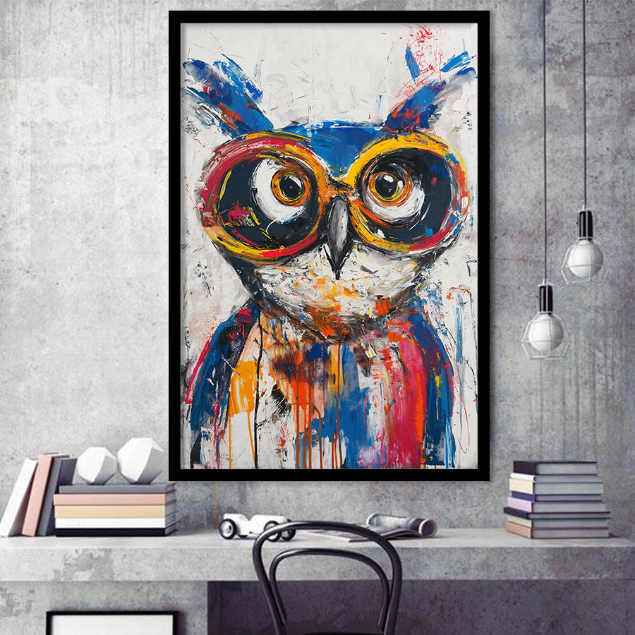 Owl Wearing Sungglasses Painting, Kids Art, Framed Art Prints Wall Decor, Picture Framed Painting